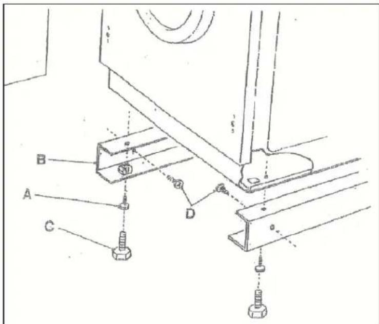 Technical diagram showing mechanical assembly with labeled parts A, B, C, D and bolted connections