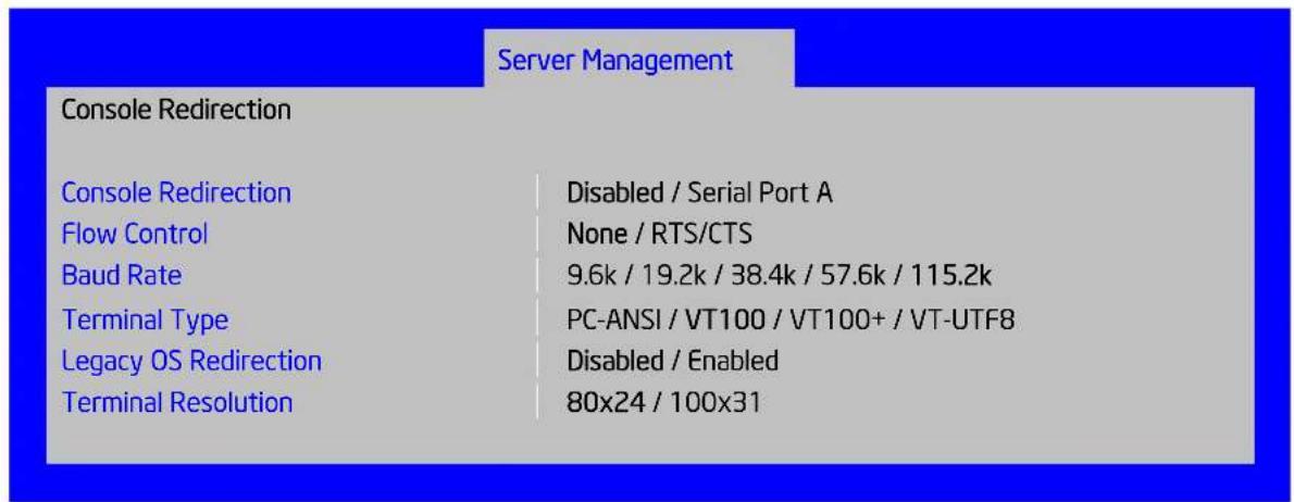 Server Management Console Redirection Console Redirection Disabled / Serial Port A Flow Control None / RTS/CTS Baud Rate 9.6k / 19.2k / 38.4k / 57.6k / 115.2k Terminal Type PC-ANSI / VT100 / VT100+ / VT-UTF8 Legacy OS Redirection Disabled / Enabled Terminal Resolution 80x24 / 100x31