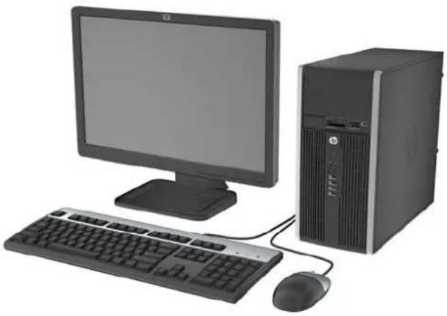 Computer setup with monitor, keyboard, tower, and mouse (no visible text or labels)
