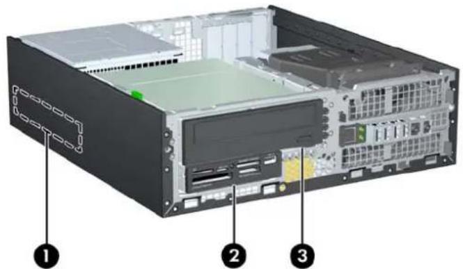 Diagram of a computer drive showing labeled components including top, front, and back views with numbered annotations.