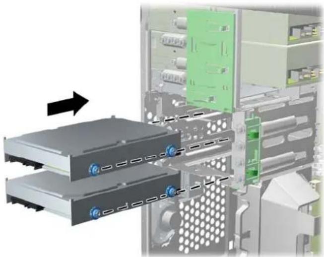 3D diagram of a server rack with multiple drive bays and internal components, showing no text or symbols.