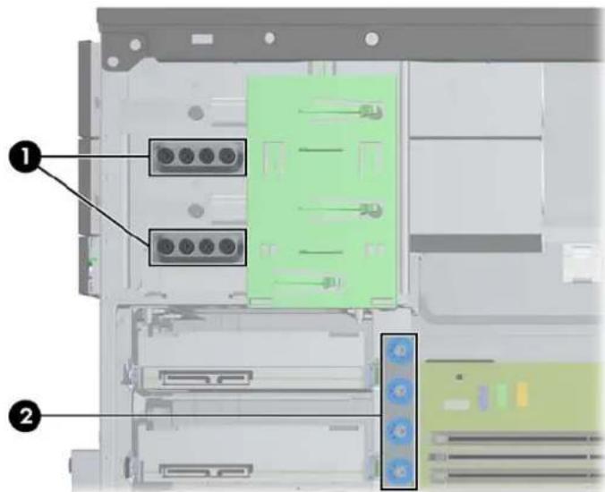 Diagram of a computer tower rear panel with labeled ports and connectors, showing internal components and numbered annotations.