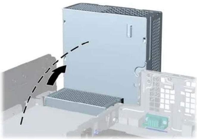 Diagram of a computer chassis with a dashed arrow indicating a component or connection (no text or symbols present)