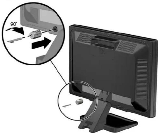Computer monitor with a close-up view showing internal components and a 90° angle indicator (no text or symbols on the device itself)