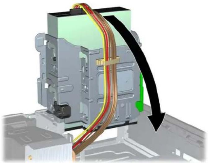 3D diagram of a computer chassis with colored wires and a black arrow indicating a directional change (no text or symbols)