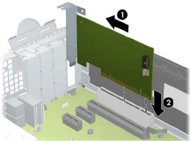 3D diagram of a computer motherboard with a green card and two labeled arrows indicating components (no text or symbols present)