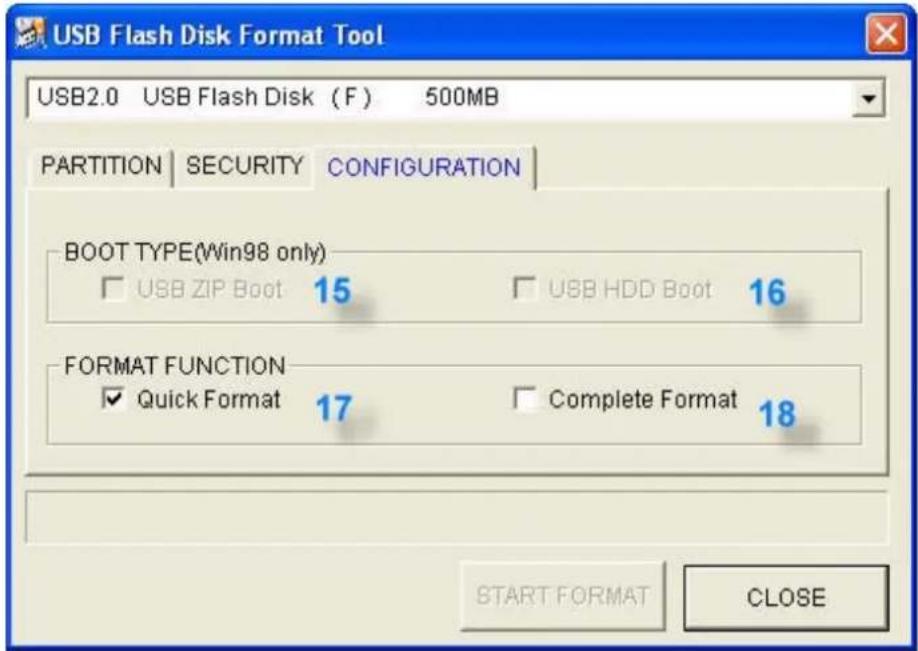 USB Flash Disk Format Tool USB2.0 USB Flash Disk (F) 500MB PARTITION | SECURITY CONFIGURATION | BOOT TYPE(Win98 only) USB ZIP Boot 15 USB HDD Boot 16 FORMAT FUNCTION Quick Format 17 Complete Format 18 START FORMAT CLOSE