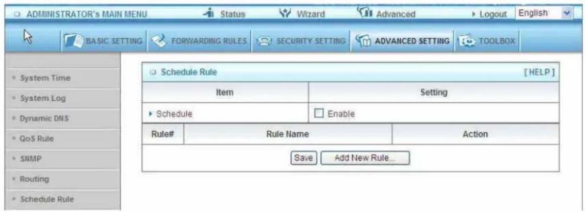 ADMINISTRATOR's MAIN MENU Status Wizard Advanced Logout English BASIC SETTING FORWARDING RULES SECURITY SETTING ADVANCED SETTING TOOLBOX Schedule Rule [HELP] Item Setting Schedule Enable Rule# Rule Name Action Save Add New Rule...