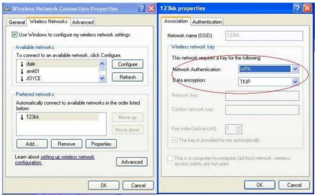 Wireless Network Connection Properties General Wireless Networks Advanced Use Windows to configure my wireless network settings Available networks: To connect to an available network, click Configure. dale amit01 JOYCE Configure Refresh Preferred networks: Automatically connect to available networks in the order listed below: 123kk Move up Move down Add... Remove Properties Learn about setting up wireless network configuration Advanced 123kk properties Association Authentication Network name (SSID): 123kk Wireless network key This network requires a key for the following: Network Authentication: WPA Data encryption: TKIP Network key: Confirm network key: Key index (advanced): 1 The key is provided for me automatically This is a computer-to-computer (ad hoc) network; wireless access points are not used OK Cancel OK Cancel