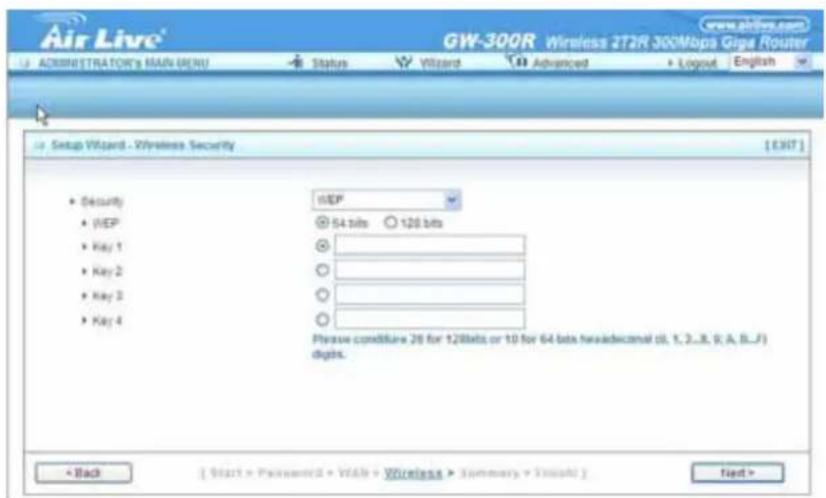 Air Live® GW-300R Wireless 2T2R 300Maps Giga Router www.ahlive.com US ADMINISTRATOR'S NAME MENU Status Wizard Advanced Logout English Setup Wizard - Wireless Security [EXIT] • Security • IEP • Key 1 • Key 2 • Key 3 • Key 4 #EIP 54 bits 126 bits ○ ○ ○ ○ Please condition 26 for 128bits or 10 for 64 bits hexadecimal (i), 1, 2,..., (i, A, B,...) digits. < Back [ Start > Password] < Web > Wireless > Summary > Initiat > Next >