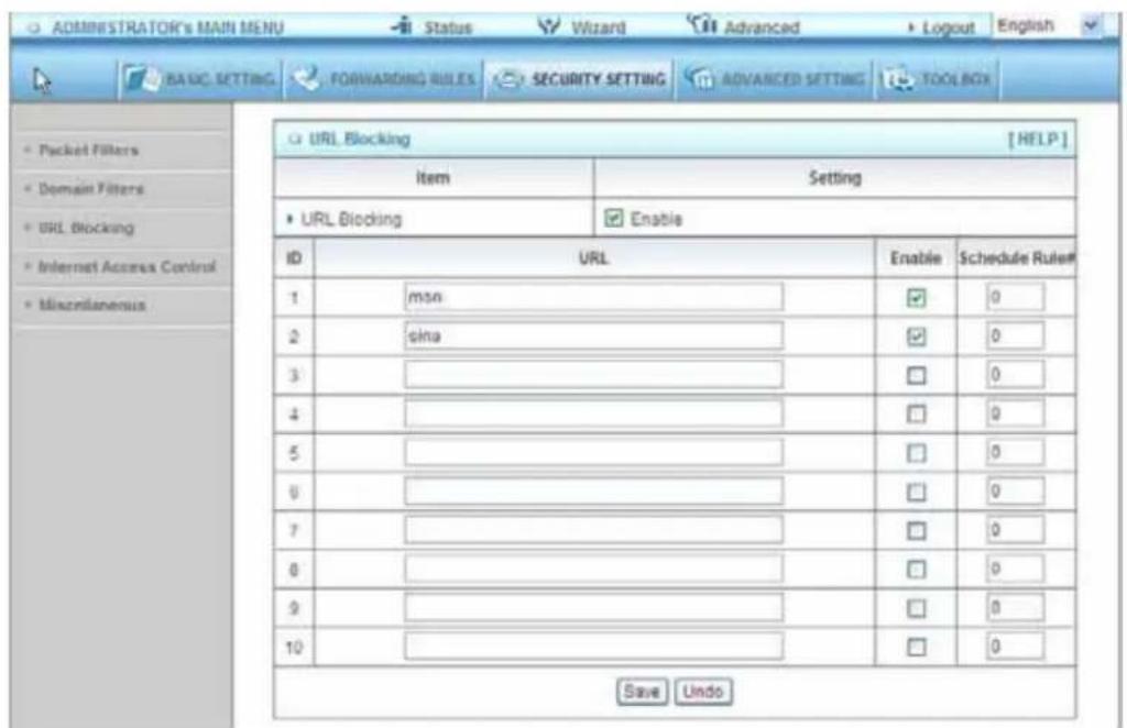ADMINISTRATOR'S MAIN MENU Status Wizard Advanced Logout English BASIC SETTING FORWARDING RULES SECURITY SETTING ADVANCED SETTING TOOLBOX URL Blocking [HFLP] Item Setting URL Blocking Enable ID URL Enable Schedule Rule# 1 msn 0 2 sina 0 3 4 5 6 7 8 9 10 Save Undo