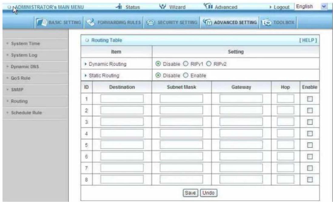 ADMINISTRATOR's MAIN MENU Status Wizard Advanced Logout English BASIC SETTING FORWARDING RULES SECURITY SETTING ADVANCED SETTING TOOLBOX Routing Table [HELP] Item Setting Dynamic Routing Disable RIPv1 RIPv2 Static Routing Disable Enable ID Destination Subnet Mask Gateway Hop Enable 1 2 3 4 5 6 7 8 Save Undo