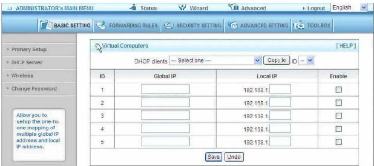 ADMINISTRATOR'S MAIN MENU Status Wizard Advanced Logout English BASIC SETTING FORWARDING RULES SECURITY SETTING ADVANCED SETTING TOOLBOX Virtual Computers [HELP] DHCP clients --- Select one --- Copy to ID -- ID Global IP Local IP Enable 1 192.168.1 2 192.168.1 3 192.168.1 4 192.168.1 5 192.168.1 Allow you to. setup the one-to- one mapping of multiple global IP address and local IP address. Save Undo