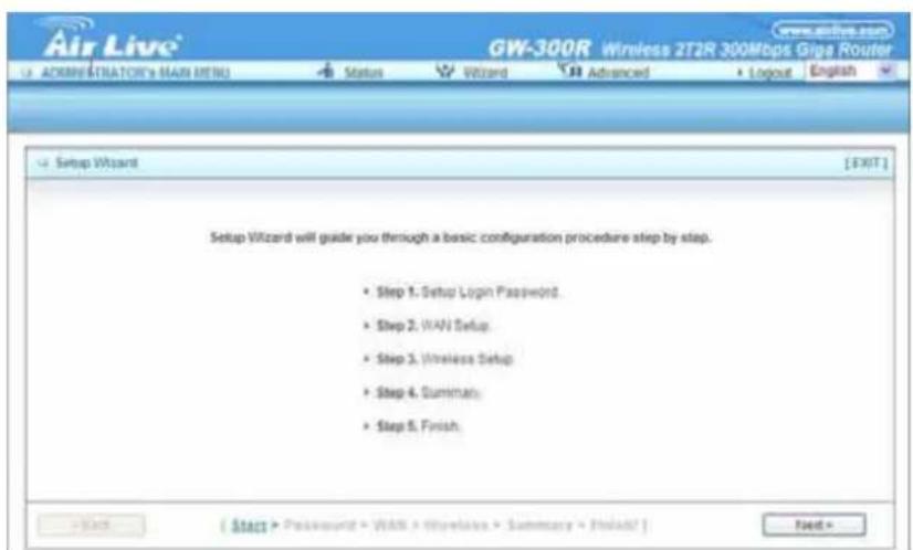 Air Live® GW-300R Wireless 2T2R 300Mbps Gigas Router ADMINISTRATOR'S MAIN MENU Status Wizard Advanced Logout English Setup Wizard [EXIT] Setup Wizard will guide you through a basic configuration procedure step by step. • Step 1. Setup Login Password • Step 2. WAN Setup • Step 3. Wireless Setup • Step 4. Cumman • Step 5. Finish Start > Password > WAN > Wireless > Summary > Finish! Find >
