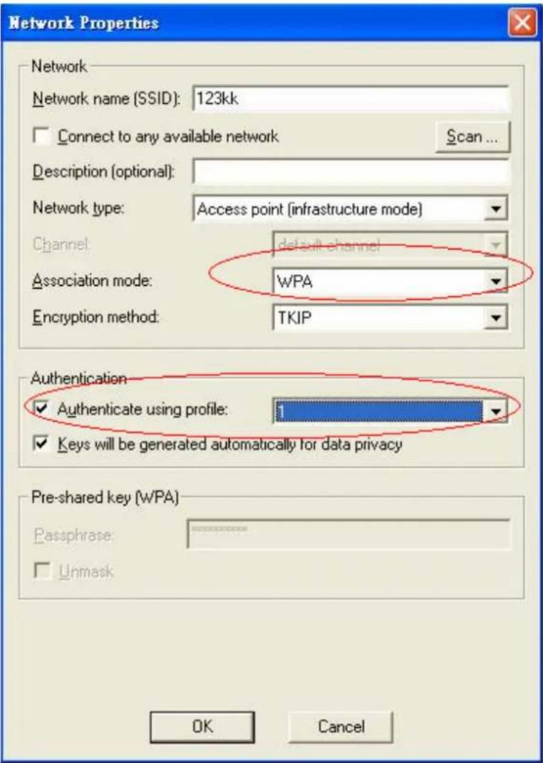 Network Properties Network Network name (SSID): 123kk Connect to any available network Scan... Description (optional): Network type: Access point (infrastructure mode) Channel: default channel Association mode: WPA Encryption method: TKIP Authentication Authenticate using profile: Keys will be generated automatically for data privacy Pre-shared key (WPA) Passphrase: ********** Unmask OK Cancel