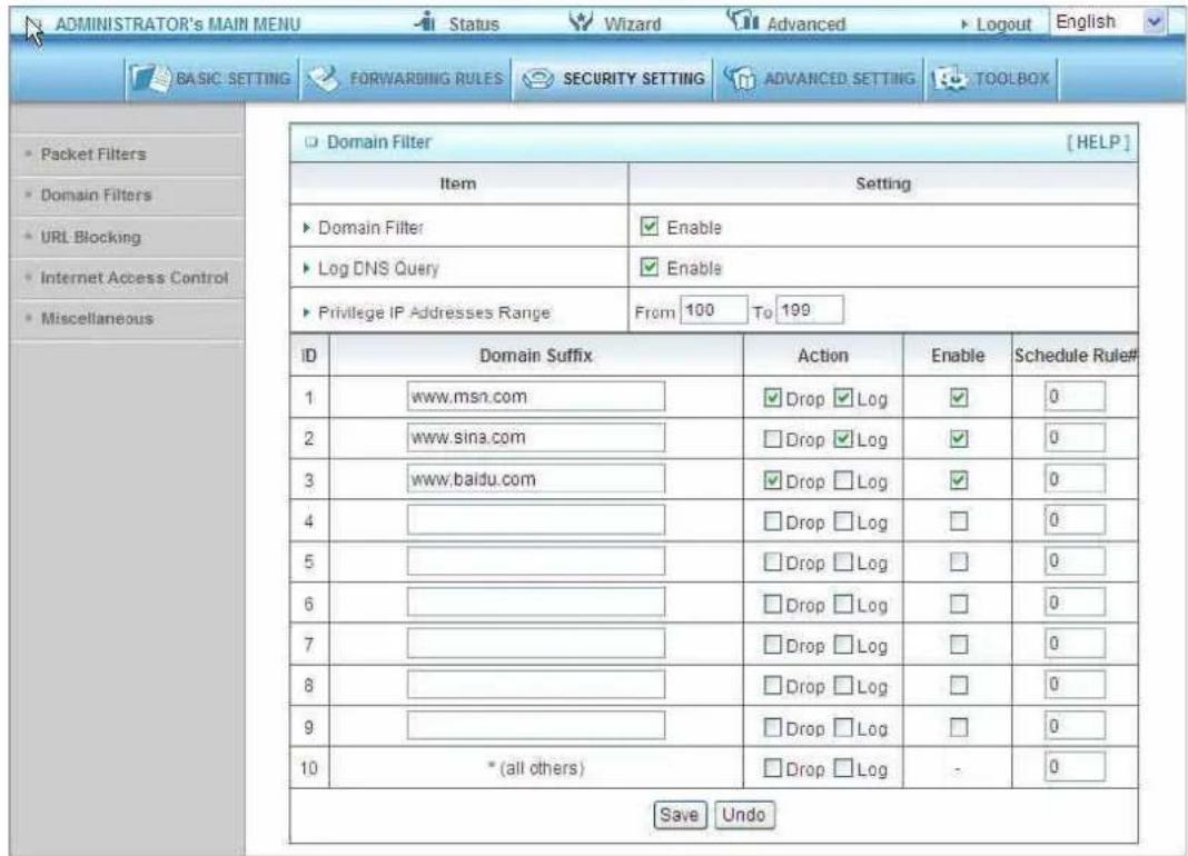 ADMINISTRATOR's MAIN MENU Status Wizard Advanced Logout English BASIC SETTING FORWARDING RULES SECURITY SETTING ADVANCED SETTING TOOLBOX Packet Filters Domain Filters URL Blocking Internet Access Control Miscellaneous Domain Filter [HELP] Item Setting Domain Filter Enable Log DNS Query Enable Privilege IP Addresses Range From 100 To 199 ID Domain Suffix Action Enable Schedule Rule# 1 www.msn.com Drop Log 0 2 www.sina.com Drop Log 0 3 www.baidu.com Drop Log 0 4 5 6 7 8 9 10 *(all others) Drop Log 0 Save Undo