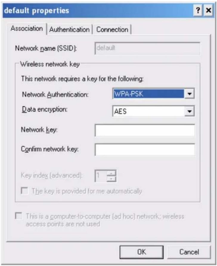 default properties Association Authentication Connection Network name (SSID): default Wireless network key This network requires a key for the following: Network Authentication: WPA-PSK Data encryption: AES Network key: Confirm network key: Key index (advanced): 1 The key is provided for me automatically This is a computer-to-computer (ad hoc) network; wireless access points are not used OK Cancel