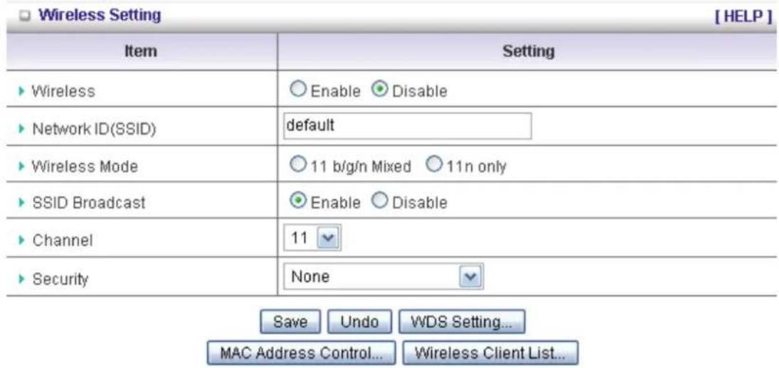 Wireless Setting [ HELP ] Item Setting ► Wireless ○ Enable ○ Disable ► Network ID(SSID) default ► Wireless Mode ○ 11 b/g/n Mixed ○ 11n only ► SSID Broadcast ○ Enable ○ Disable ► Channel 11 ► Security None Save Undo WDS Setting... MAC Address Control... Wireless Client List...