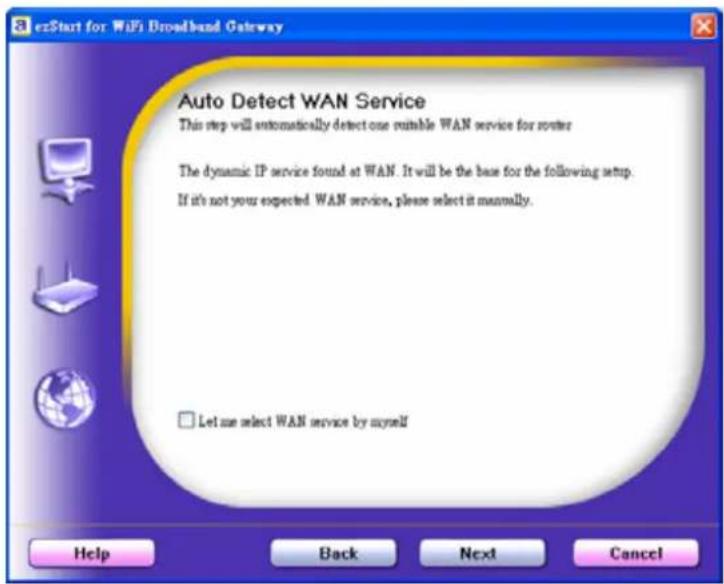 Auto Detect WAN Service This step will automatically detect one suitable WAN service for router The dynamic IP service found at WAN. It will be the base for the following setup. If it's not your expected WAN service, please select it manually. Let me select WAN service by myself Help Back Next Cancel