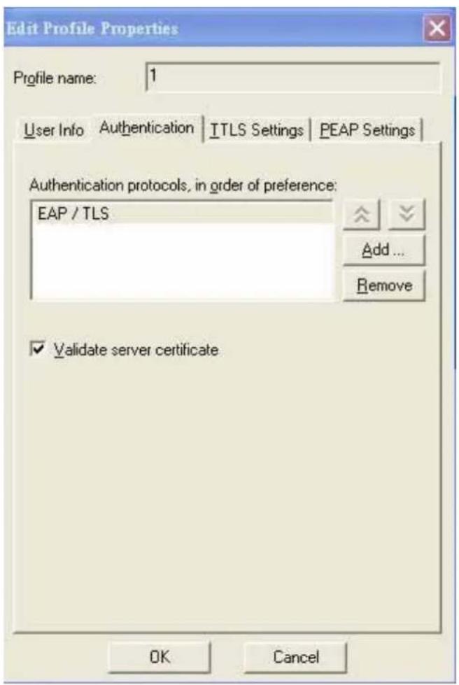 Edit Profile Properties Profile name: 1 User Info Authentication ITLS Settings PEAP Settings Authentication protocols, in order of preference: EAP / TLS Add ... Remove ✓ Validate server certificate OK Cancel
