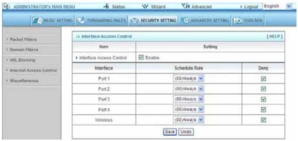 ADMINISTRATOR'S MAIN MENU Status Wizard Advanced Logout English BASIC SETTING FORWARDING ITEMS SECURITY SETTING ADVANCED SETTING TOOLBOX Packet Filters Domain Filters URL Blocking Internet Access Control Miscellaneous Interface Access Control [HELP] Item Setting Interface Access Control Enable Interface Schedule Rule Demy Port 1 (00)Always ✓ ✓ Port 2 (00)Always ✓ ✓ Port 3 (00)Always ✓ ✓ Port 4 (00)Always ✓ ✓ Wireless (00)Always ✓ ✓ Save Undo