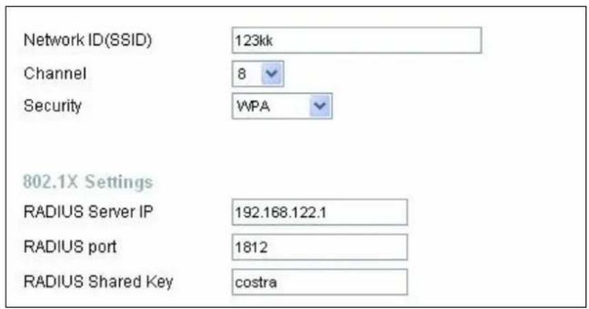 Network ID(SSID) 123kk Channel 8 Security WPA 802.1X Settings RADIUS Server IP 192.168.122.1 RADIUS port 1812 RADIUS Shared Key costra