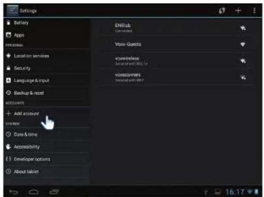 Settings Battery App PERSONAL Location services Security Language & input Backup & reset ACCOUNTS Add account SYSTEM Date & time Accessibility Developer options About tablet ENHHub Connected Voice - Guests vouwhiteses be installed with HSP. In vouwitaners Secured with HSP 16:17