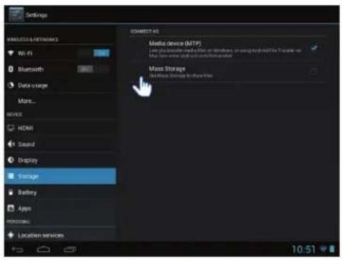 Settings MILKOSO & NETWORKS Ni-Fi Bluetooth Data usage Main... Service HDMI Sound Display Storage Battery Apps Location services CONNECT AS Media device (MTP) File selection: https://Windows under the Web/My Documents Mass Storage Hot Music Storage to store Files 10:51