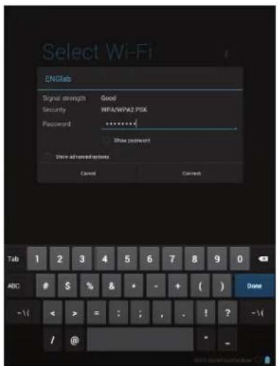 Select Wi-Fi ENCIab Signal strength Good Security WPA/WPA2 PSK Password ******** Show password Show advanced actions Cancel Cancel Tab 1 2 3 4 5 6 7 8 9 0 ABC # $ % & * - + ( ) Done -11 < > = : ; , . ! ? -11 / @ * -