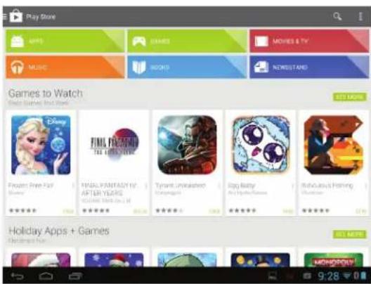 Play Store MUSIC GAMES MOVIES & TV MUSIC BOOKS NEWSHOLD Games to Watch 525 MHz FROZEN FREE CALL PINK PACIFIC THE LIFK PAPER TOMATO MUSIC Big Baby Rally Gruys Fishing Holiday Apps + Games 9:28