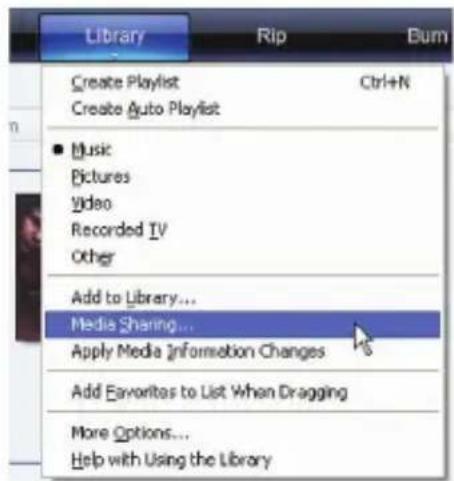 Library Create Playlist Ctrl+N Create Auto Playlist ■ Music Pictures Video Recorded IV Other Add to Library... Media Sharing... Apply Media Information Changes Add Favorites to List When Dragging More Options... Help with Using the Library