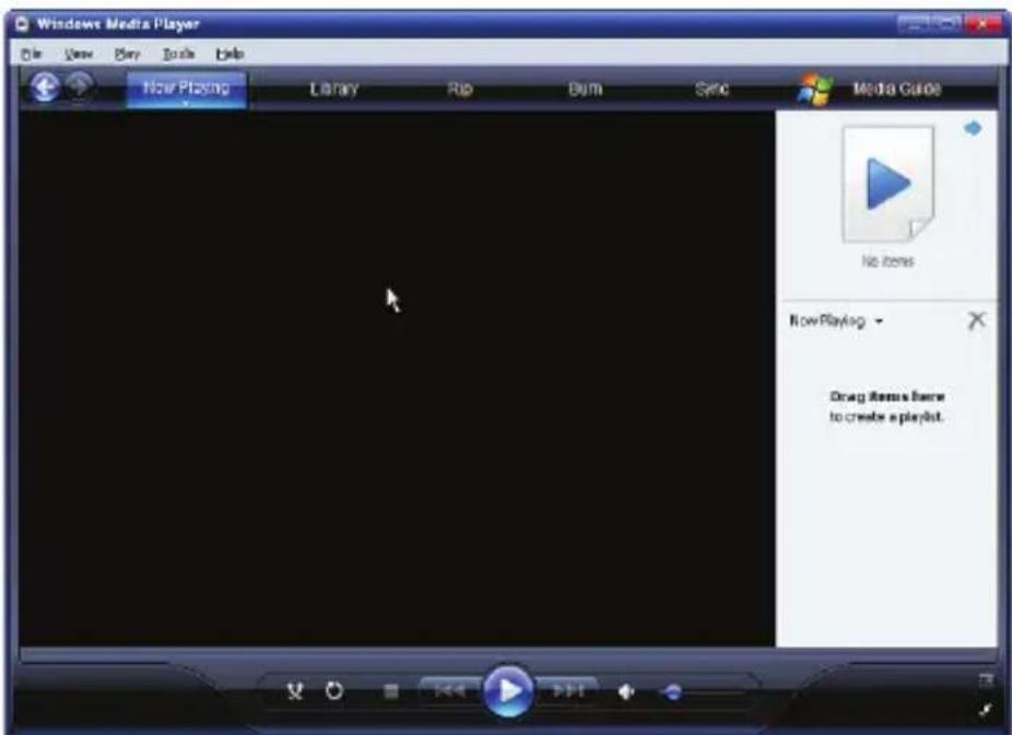 Windows Media Player File View Play Tools Help Now Playing Library Rip Burn Sync Media Guide No items NowPlaying Drag Items here to create a playlist.