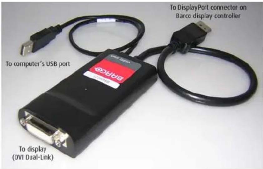 To computer's USB port To DisplayPort connector on Barco display controller To display (DVI Dual-Link)