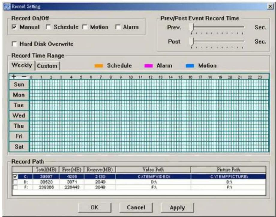 Record Setting Record On/Off ✓ Manual ✓ Schedule ✓ Motion ✓ Alarm ✓ Hard Disk Overwrite Prev/Post Event Record Time Prev. Sec. Post Sec. Record Time Range Weekly | Custom | Schedule | Alarm | Motion | + - 0 1 2 3 4 5 6 7 8 9 10 11 12 13 14 15 16 17 18 19 20 21 22 23 Sun Mon Tue Wed Thu Fri Sat Recor…