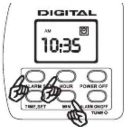 DIGITAL 10:35 ALARM SET HOUR POWER OFF TIME_SET MIN ALARM ON/OFF TUMB