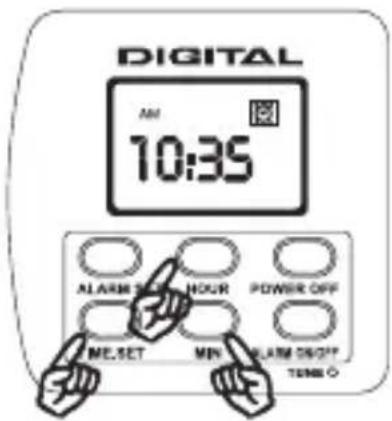DIGITAL 10:35 ALARM SET HOUR POWER OFF ME.SET MIN ALARM ON/OFF TIME