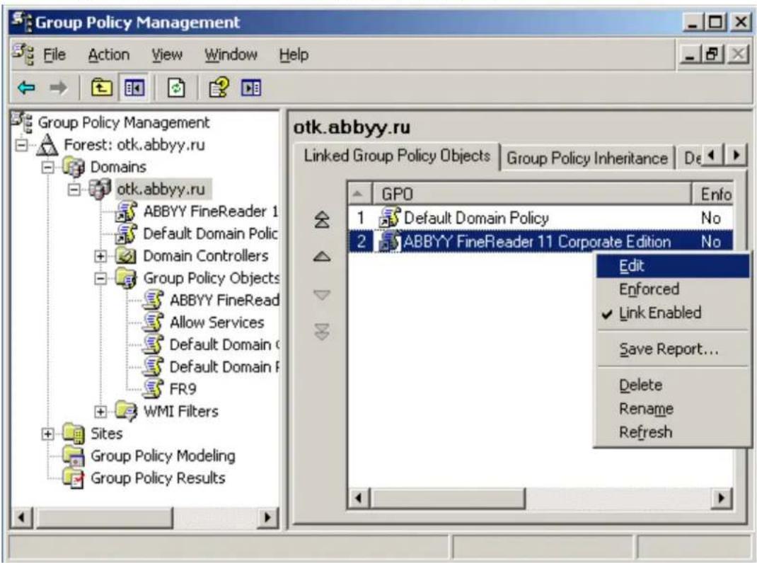 Group Policy Management File Action View Window Help Group Policy Management Forest: otk.abbyy.ru Domains otk.abbyy.ru ABBYY FineReader 1 Default Domain Polic Domain Controllers Group Policy Objects ABBYY FineRead Allow Services Default Domain C Default Domain F FR9 WMI Filters Sites Group Policy Modeling Group Policy Results otk.abbyy.ru Linked Group Policy Objects Group Policy Inheritance De GPO Enfo 1 Default Domain Policy No 2 ABBYY FineReader 11 Corporate Edition No Edit Enforced Link Enabled Save Report... Delete Rename Refresh
