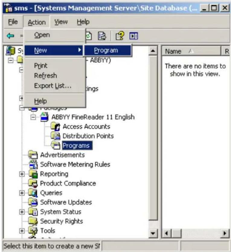 sms - [Systems Management Server\Site Database (...) File Action View Help Open New Program Print Refresh Export List... Help ABBYY) Access Accounts Distribution Points Programs Advertisements Software Metering Rules Reporting Product Compliance Queries Software Updates System Status Security Rights Tools Name R There are no items to show in this view. Select this item to create a new SI