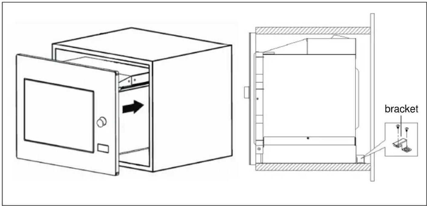 Technical diagram of a double-door oven with labeled component 'bracket' and directional arrow indicating flow or movement.