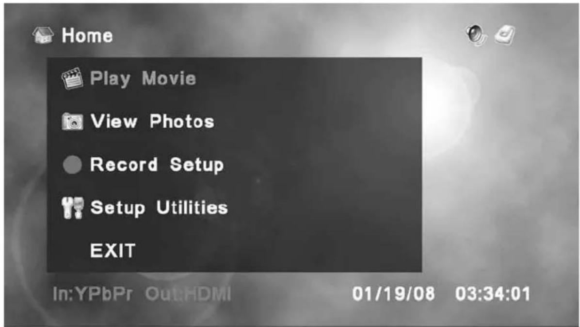Home Play Movie View Photos Record Setup Setup Utilities EXIT In:YPbPr Out:HDMI 01/19/08 03:34:01