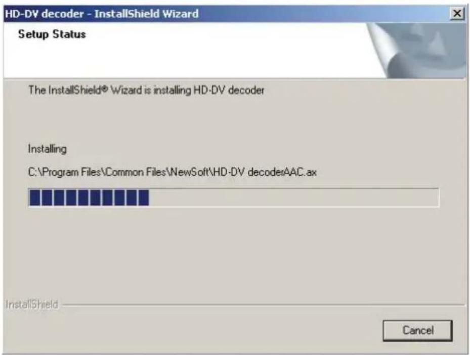 HD-DV decoder - InstallShield Wizard Setup Status The InstallShield® Wizard is installing HD-DV decoder Installing C:\Program Files\Common Files\NewSoft\HD-DV decoderAAC.ax InstallShield Cancel