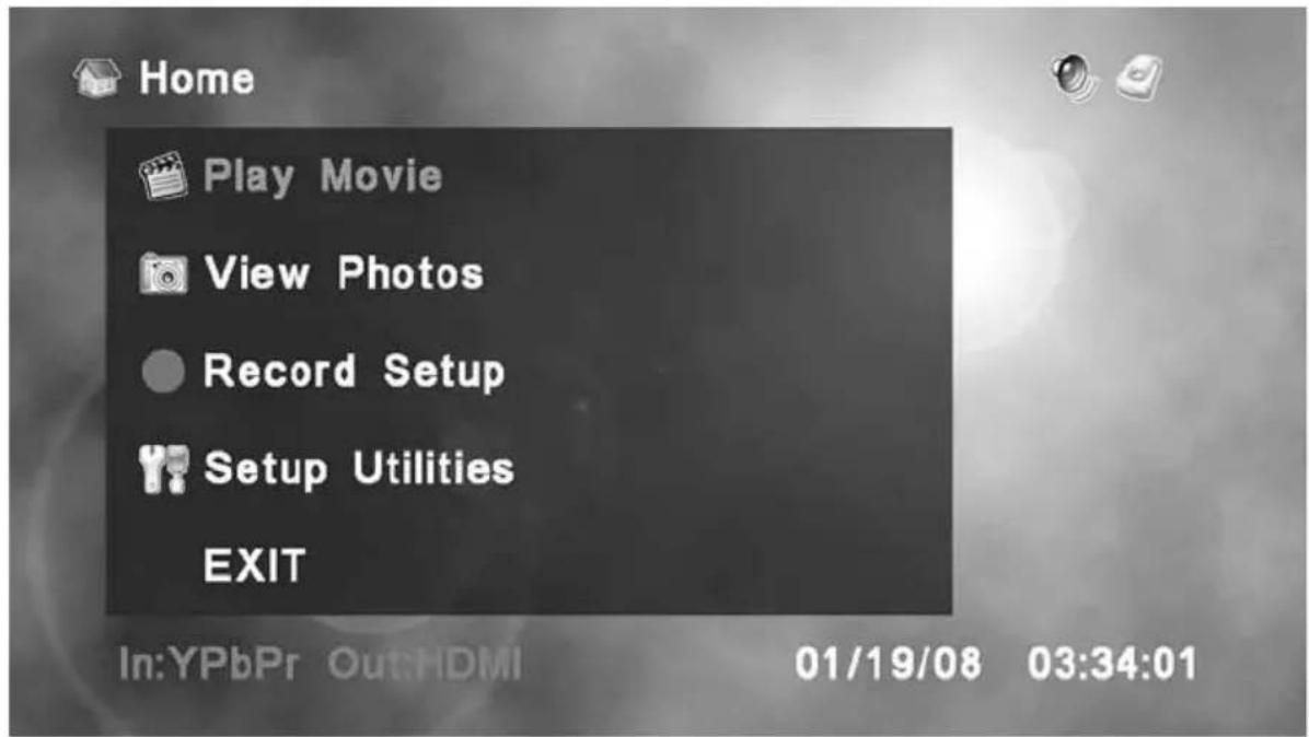Home Play Movie View Photos Record Setup Setup Utilities EXIT In:YPbPr Out:HDMI 01/19/08 03:34:01