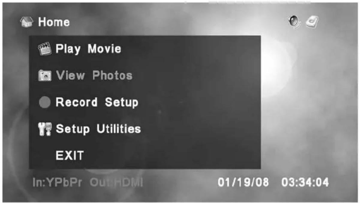 Home Play Movie View Photos Record Setup Setup Utilities EXIT In:YPbPr Out:HDMI 01/19/08 03:34:04