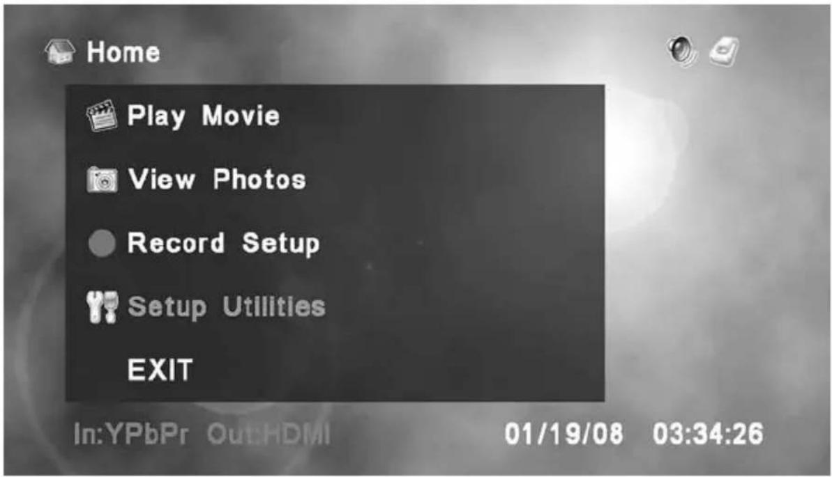 Home Play Movie View Photos Record Setup Setup Utilities EXIT In:YPbPr Out:HDMI 01/19/08 03:34:26
