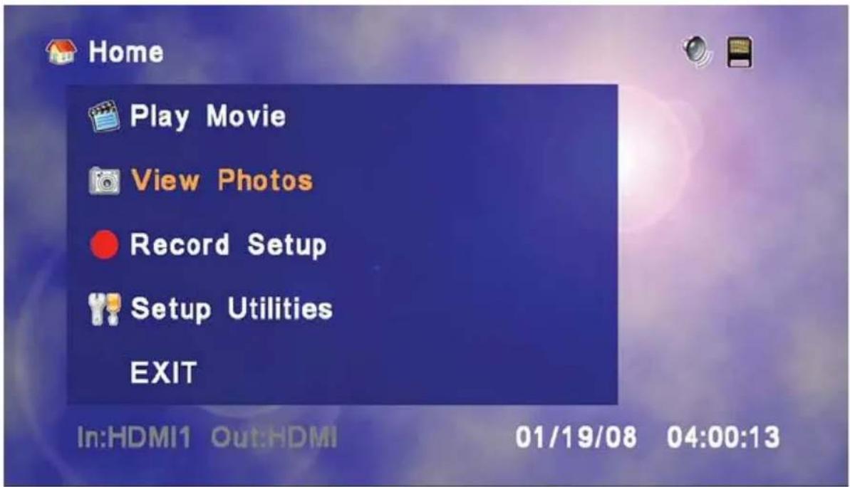 Home Play Movie View Photos Record Setup Setup Utilities EXIT In:HDMI1 Out:HDMI 01/19/08 04:00:13