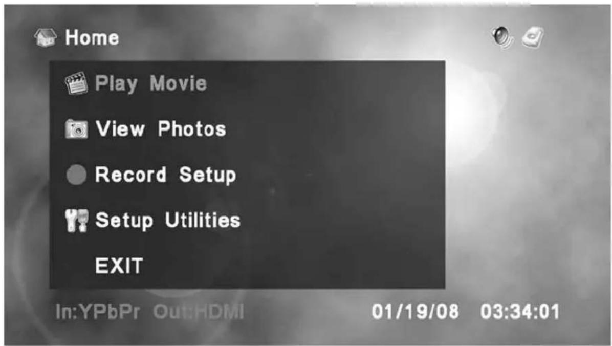 Home Play Movie View Photos Record Setup Setup Utilities EXIT In:YPbPr Out:HDMI 01/19/08 03:34:01