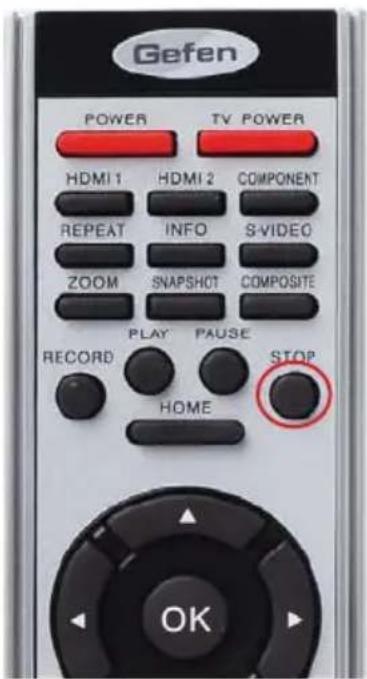 Gefen POWER TV POWER HDMI 1 HDMI 2 COMPONENT REPEAT INFO S-VIDEO ZOOM SNAPSHOT COMPOSITE PLAY PAUSE RECORD HOME STOP OK