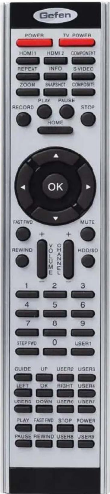 Gefen POWER TV POWER HDMI 1 HDMI 2 COMPONENT REPEAT INFO S-VIDEO ZOOM SNAPSHOT COMPOSITE RECORD PLAY PAUSE STOP HOME OK FAST FWD MUTE + + REWIND V CHANNEL 1 2 3 4 5 6 7 8 9 STEP FWD 0 USER1 GUIDE UP USER2 USER3 LEFT OK RIGHT USER4 USERS DOWN USER0 USER7 PLAY FAST FWD STOP POWER PAUSE REWIND USER8 USER9