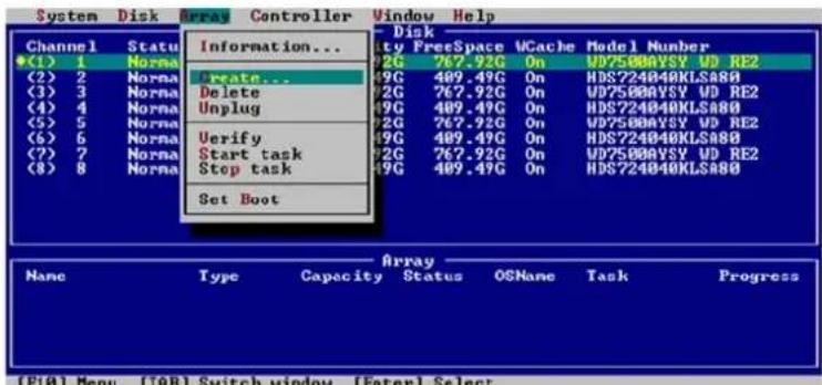 System Disk Array Controller Window Help Channel Status Information... (1) 1 Norma (2) 2 Norma (3) 3 Norma (4) 4 Norma (5) 5 Norma (6) 6 Norma (7) 7 Norma (8) 8 Norma Disk Type FreeSpace VCache Model Number 2G 767.92G On WD75000VSY UD RE2 4G 489.49G On HDS724040KLSA80 2G 767.92G On WD75000VSY UD RE2 4G 489.49G On HDS724040KLSA80 2G 767.92G On WD75000VSY UD RE2 4G 489.49G On HDS724040KLSA80 2G/767.92G On WD75000VSY UD RE2 4G 489.49G On HDS724040KLSA80 Array Name Type Capacity Status OSHane Task Progress (F10) Menu (TAB) Switch window (Enter) Select