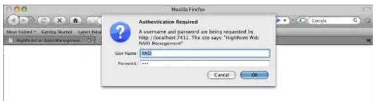 Mozilla Firefox Authentication Required A username and password are being requested by http://localhost:7412. The site says "HighPoint Web RAID Management" User Name: FAG Password: *** Cancel OK